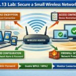 Visual showing a wireless router connecting laptops and mobile devices with WPA3 encryption, firewall settings, SSID configuration, and access control rules.