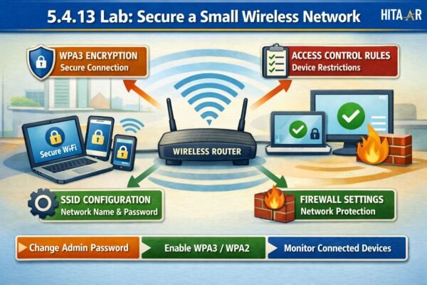 Visual showing a wireless router connecting laptops and mobile devices with WPA3 encryption, firewall settings, SSID configuration, and access control rules.