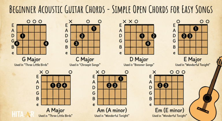 Acoustic guitar chords for easy songs displayed on a wooden guitar with open chord shapes for beginners.