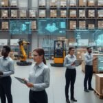 Augmented and virtual reality tools being used inside a modern warehouse for inventory and operations management.