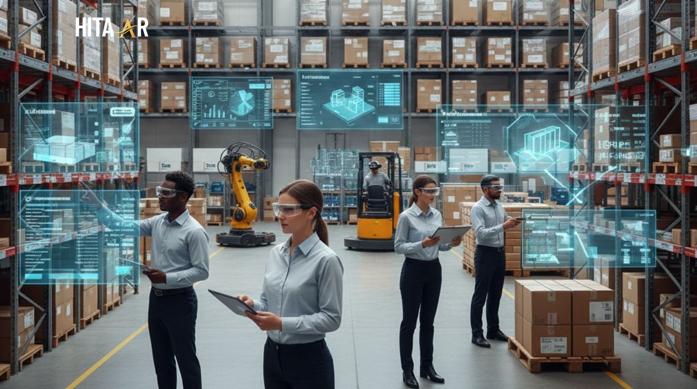 Augmented and virtual reality tools being used inside a modern warehouse for inventory and operations management.