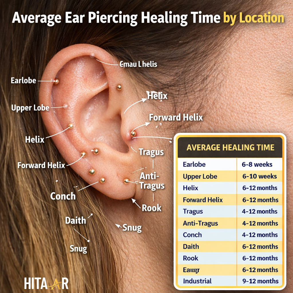 ear showing different piercing locations with healing times for earlobe, cartilage, helix, tragus, and more.