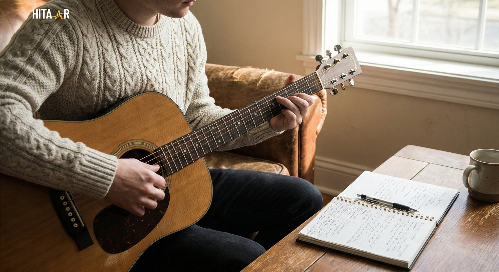 Someone playing acoustic guitar while journaling beside them.
