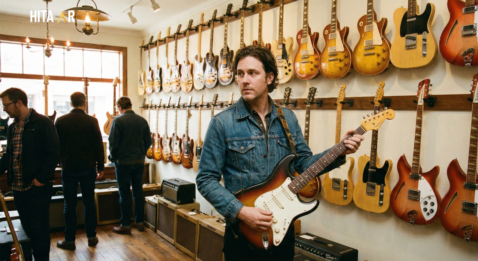 A guitarist examining different electric guitars hanging on a wall in a music store.