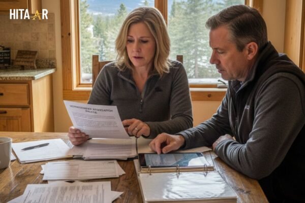 Colorado homeowners reviewing HOA notices and documents at a kitchen table