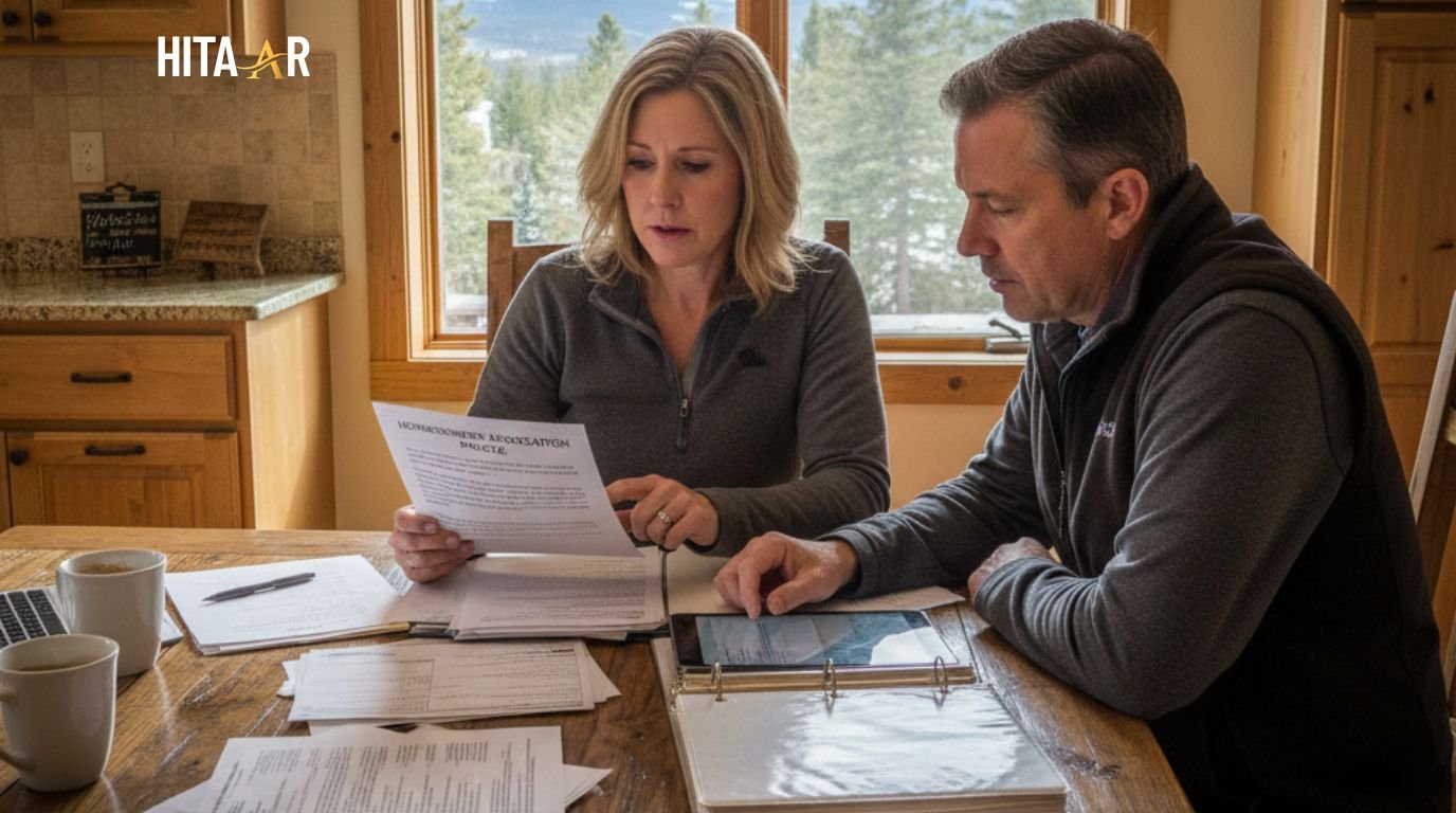 Colorado homeowners reviewing HOA notices and documents at a kitchen table
