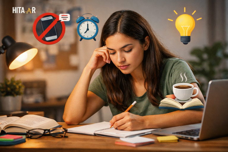 Student studying focused at a desk, showing how to improve concentration and focus while studying.