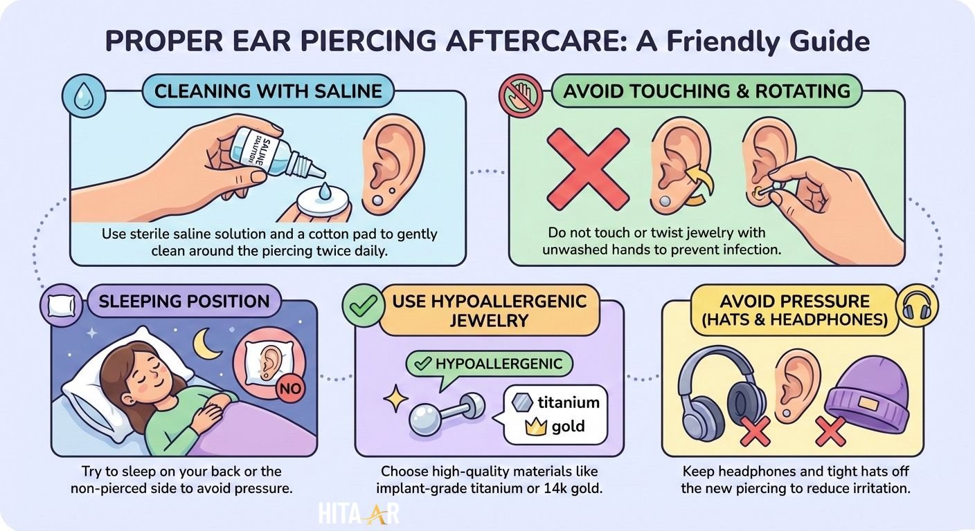 Person cleaning an ear piercing with saline solution while wearing hypoallergenic earrings.