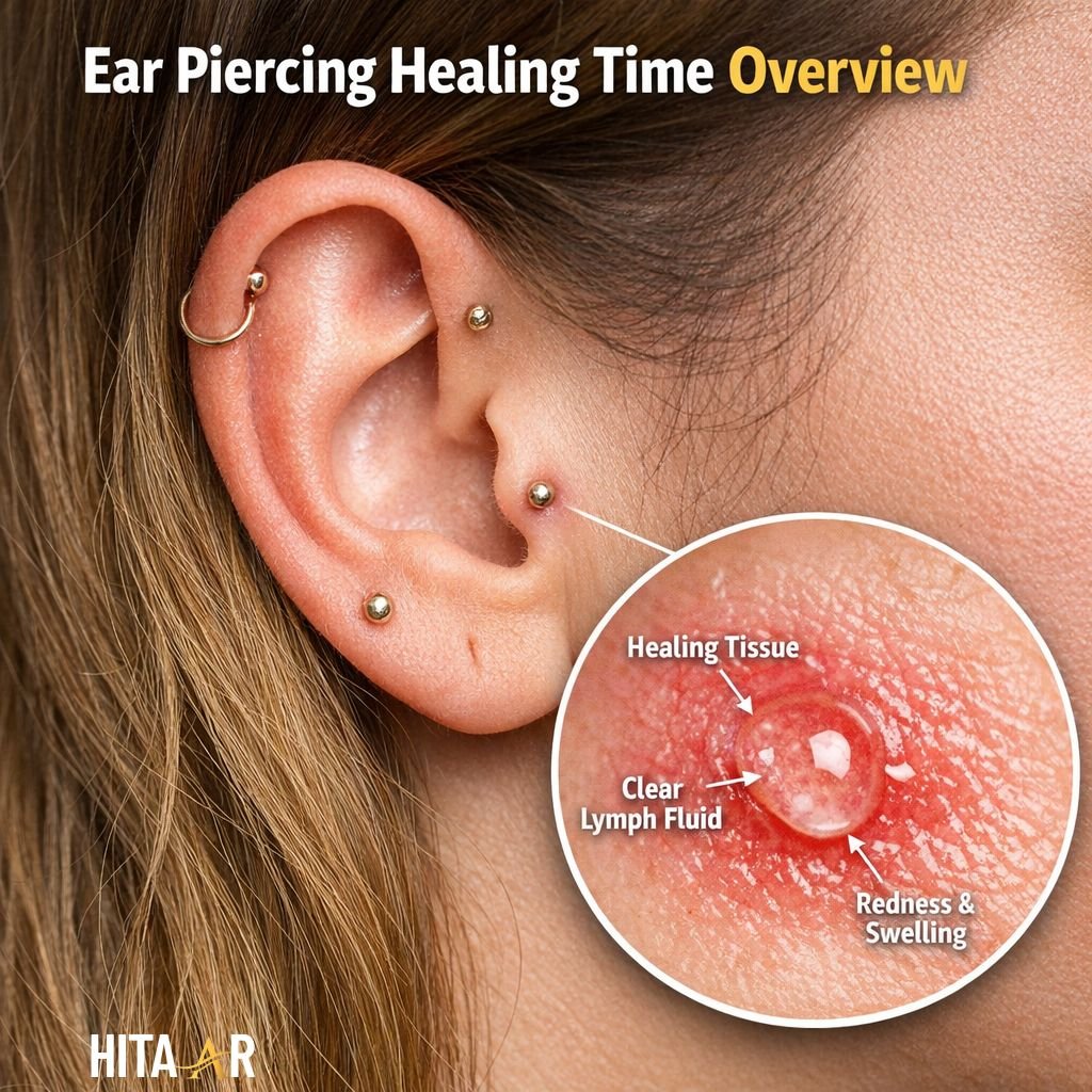 human ear showing multiple piercings with early healing signs like redness, swelling, and clear lymph fluid.