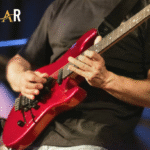 A modern electric guitar with pickups and controls, ready for practice or performance.