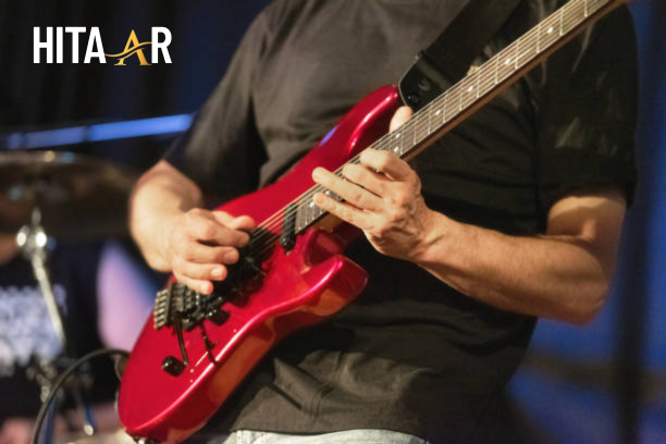 A modern electric guitar with pickups and controls, ready for practice or performance.