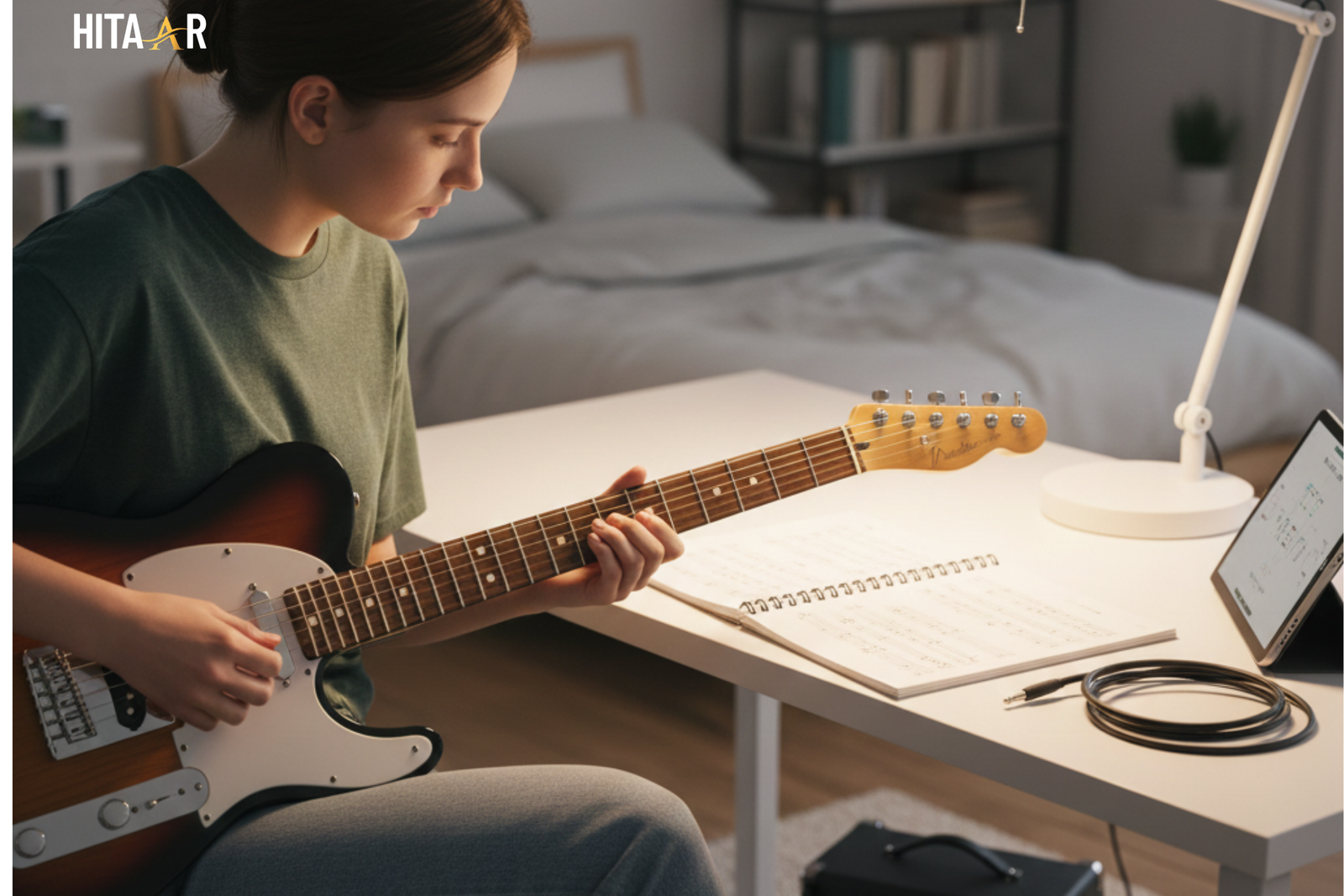 A beginner practicing electric guitar fundamentals on a clean, well-lit practice setup.