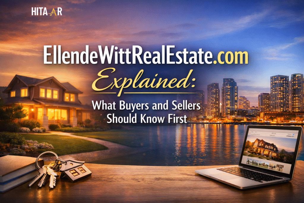 EllendeWittRealEstate.com explained with a home, city skyline, house keys, and a laptop on a table.