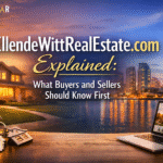 EllendeWittRealEstate.com explained with a home, city skyline, house keys, and a laptop on a table.