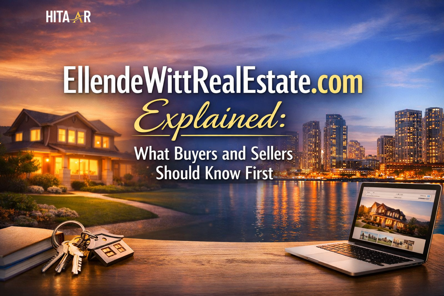 EllendeWittRealEstate.com explained with a home, city skyline, house keys, and a laptop on a table.