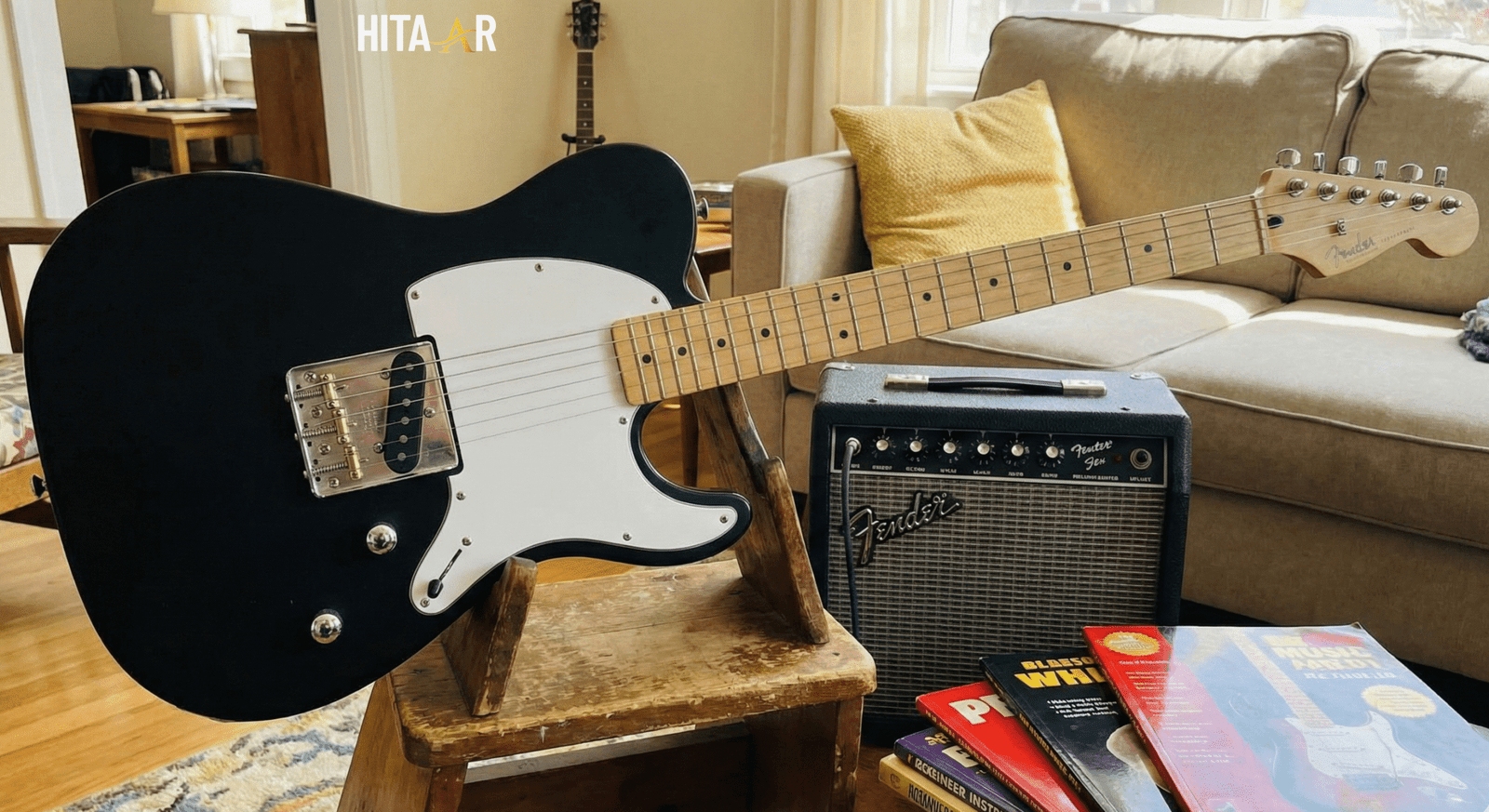 A simple beginner-friendly electric guitar with basic hardware suitable for new players.