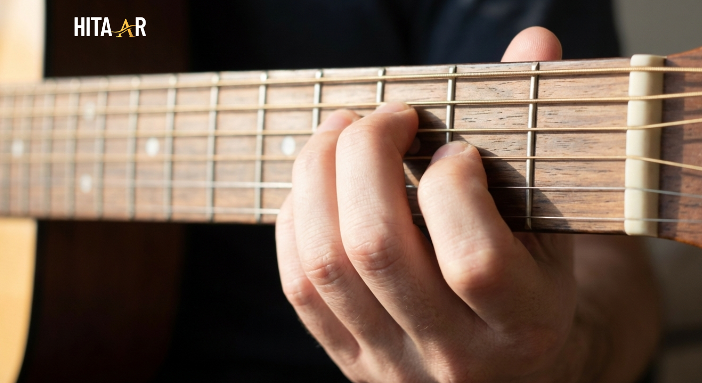 GM chord finger position on guitar fretboard with curved fingers and clean string placement.