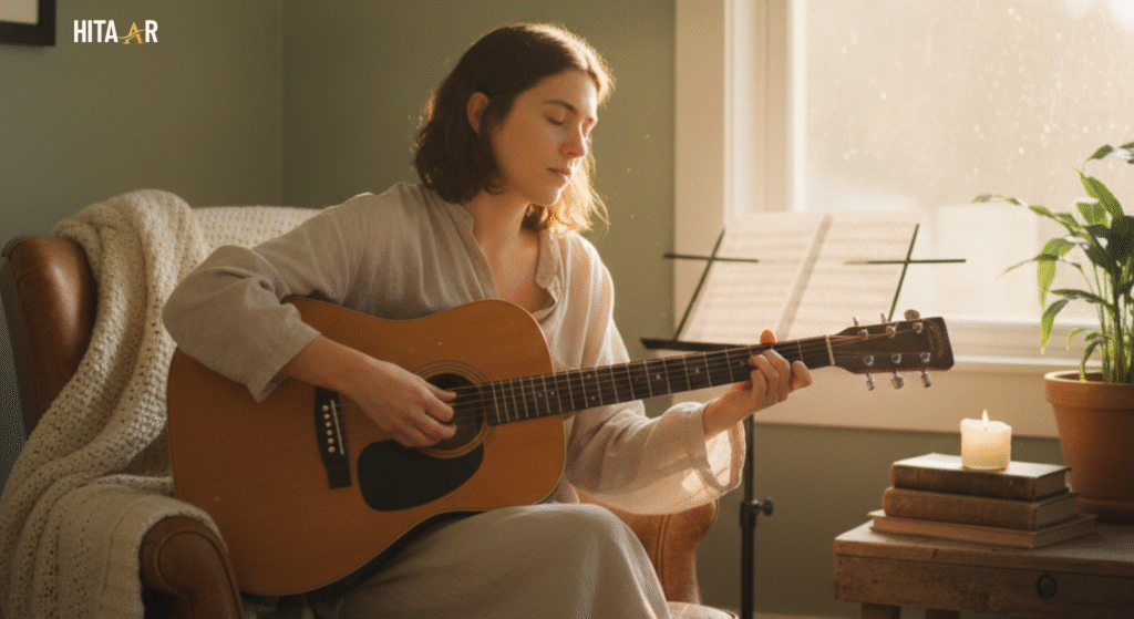 “A person gently strumming an acoustic guitar in a quiet, cozy room, creating a calm and reflective mood that supports emotional healing.”