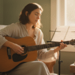 “A person gently strumming an acoustic guitar in a quiet, cozy room, creating a calm and reflective mood that supports emotional healing.”