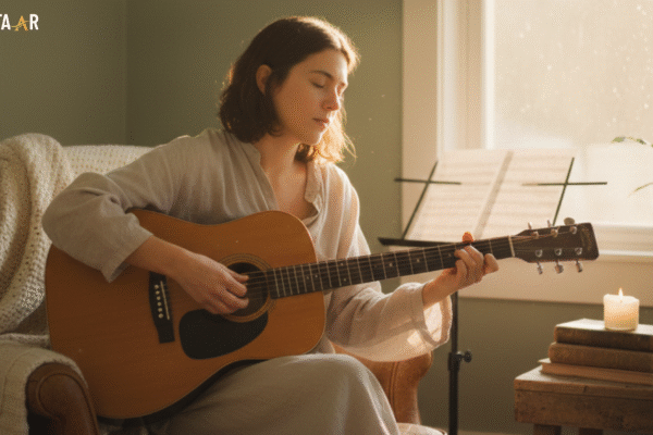 “A person gently strumming an acoustic guitar in a quiet, cozy room, creating a calm and reflective mood that supports emotional healing.”