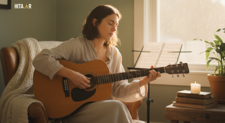 “A person gently strumming an acoustic guitar in a quiet, cozy room, creating a calm and reflective mood that supports emotional healing.”