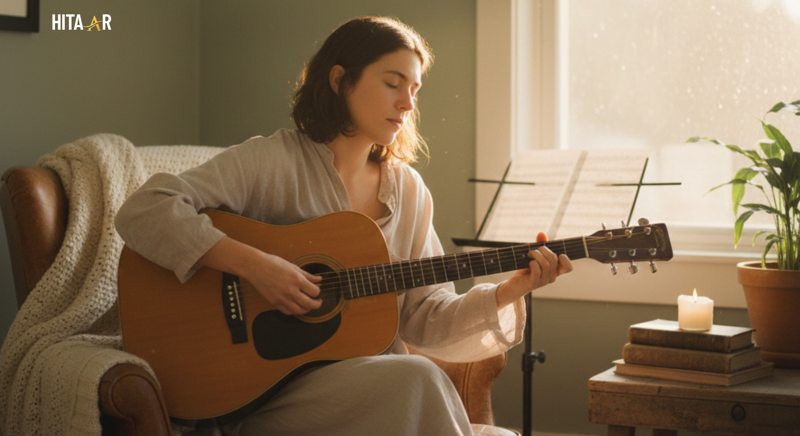 “A person gently strumming an acoustic guitar in a quiet, cozy room, creating a calm and reflective mood that supports emotional healing.”
