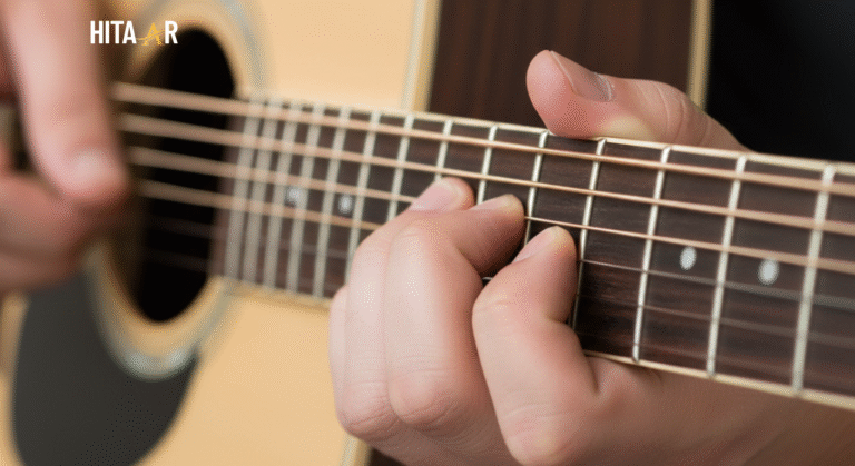 G minor barre chord shape on guitar fretboard for beginners.