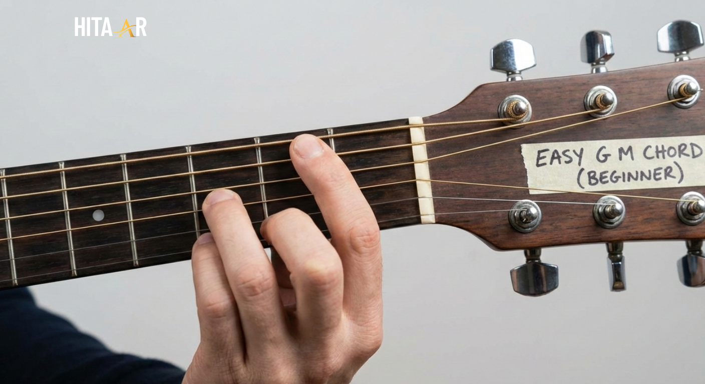 GM chord finger placement on guitar fretboard showing correct position for clean sound.