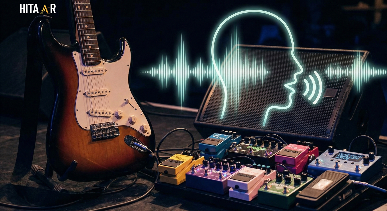 Guitar creating human-like voice tones using effects pedals