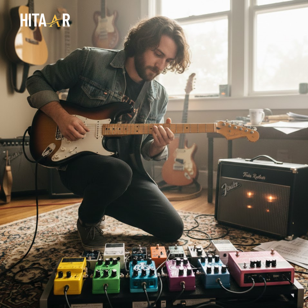 Beginner guitarist testing pedals on a small pedalboard