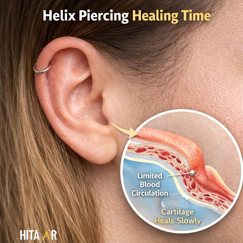 Digital infographic of helix cartilage piercing showing swelling, redness, and healing stages over months.
