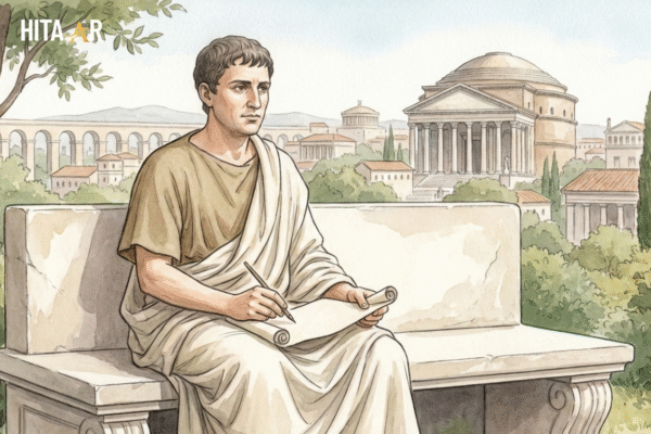 Horace depicted in a classical Roman setting during the Augustan Age