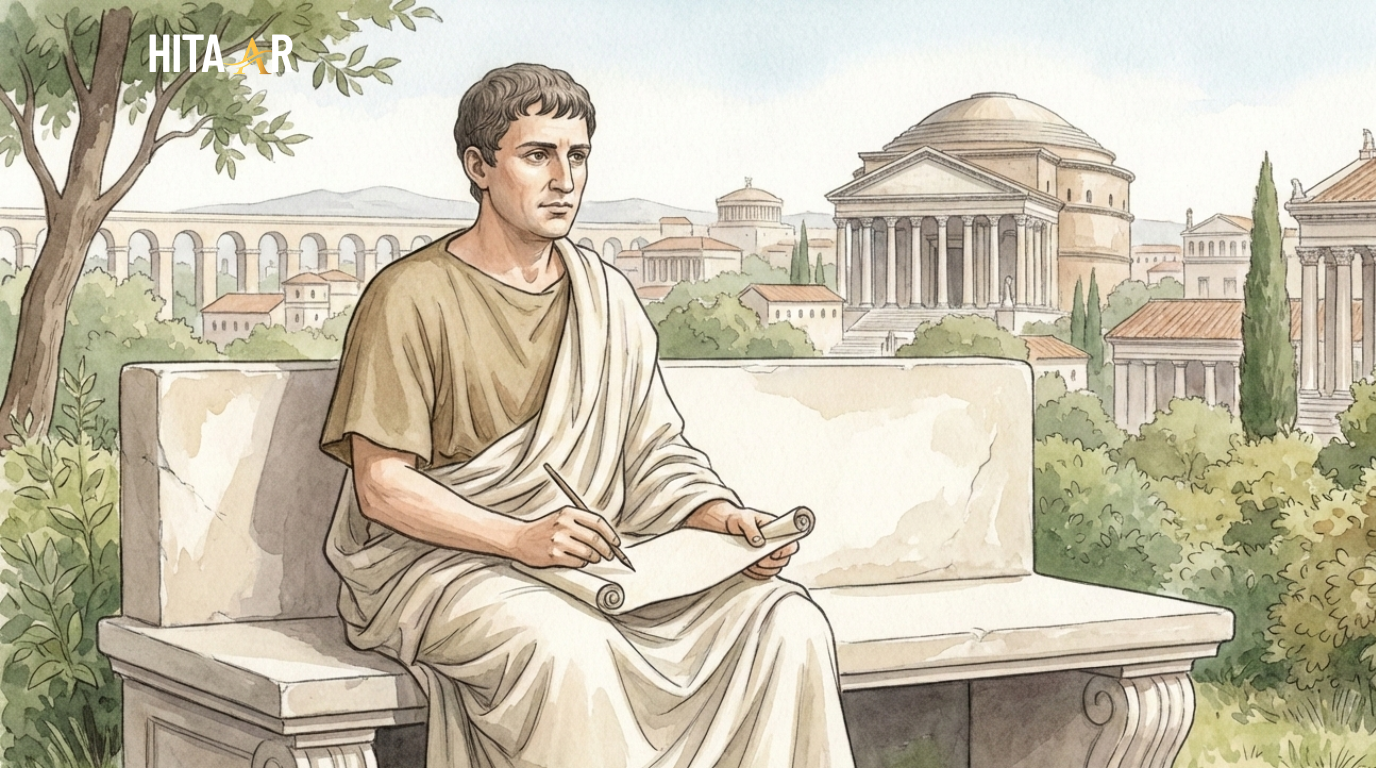Horace depicted in a classical Roman setting during the Augustan Age