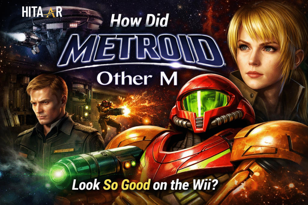 Samus Aran in her iconic Power Suit stands ready for battle with glowing visor and arm cannon, set against a dramatic sci-fi environment with cinematic lighting and explosions, highlighting the impressive graphics and visual design of Metroid Other M on the Wii.
