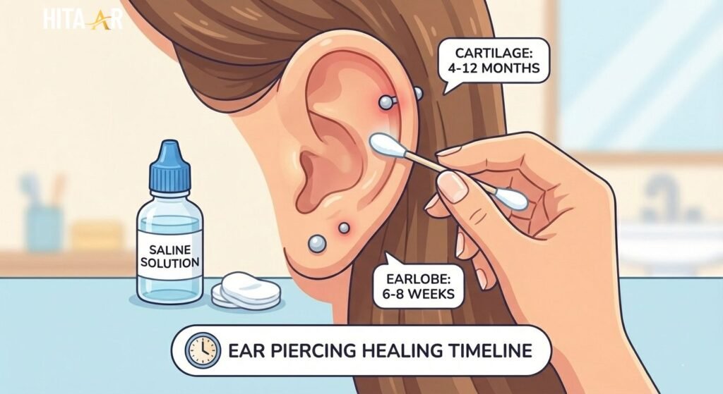 Close-up of a healthy ear with a newly pierced earlobe and cartilage, showing gentle ear piercing aftercare for proper healing time.