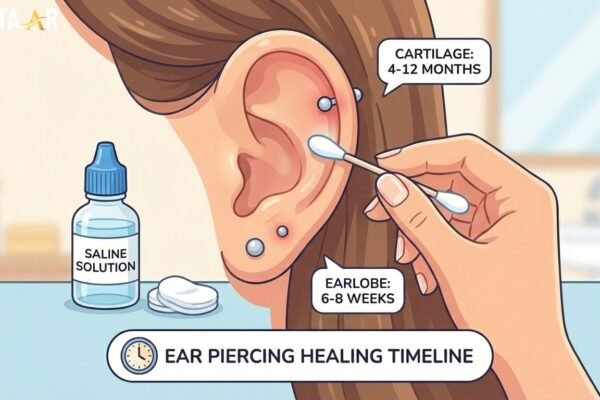 Close-up of a healthy ear with a newly pierced earlobe and cartilage, showing gentle ear piercing aftercare for proper healing time.