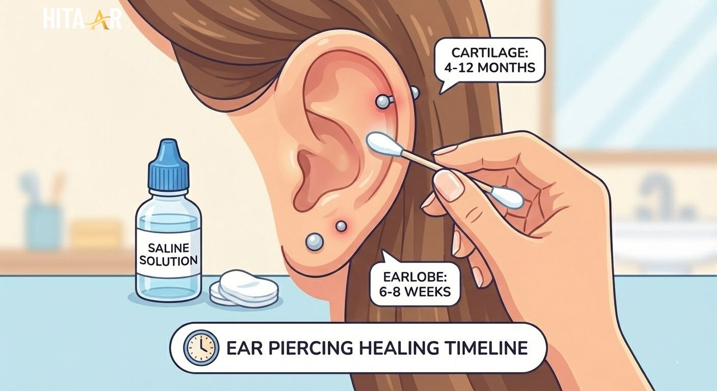 Close-up of a healthy ear with a newly pierced earlobe and cartilage, showing gentle ear piercing aftercare for proper healing time.