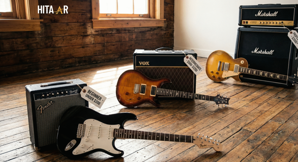 A modern electric guitar placed on a wooden surface with an amplifier in the background, representing different price ranges and guitar options for beginners and professional players.