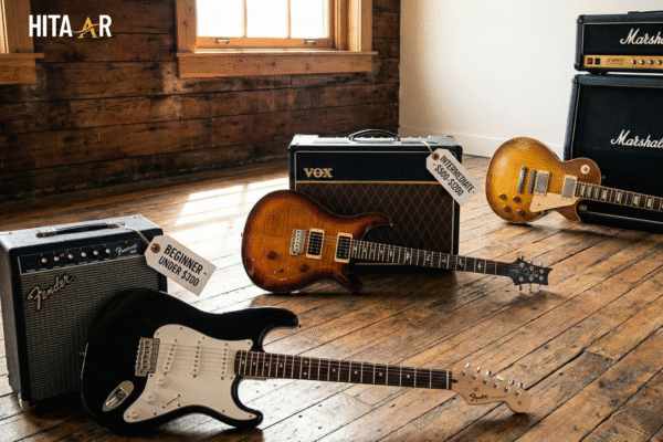 A modern electric guitar placed on a wooden surface with an amplifier in the background, representing different price ranges and guitar options for beginners and professional players.