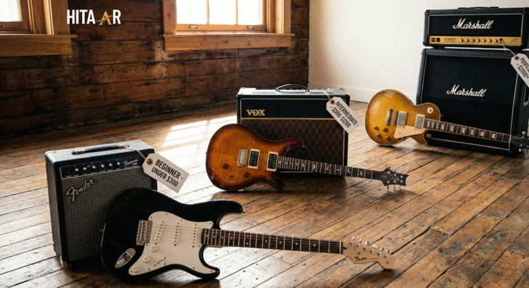 A modern electric guitar placed on a wooden surface with an amplifier in the background, representing different price ranges and guitar options for beginners and professional players.