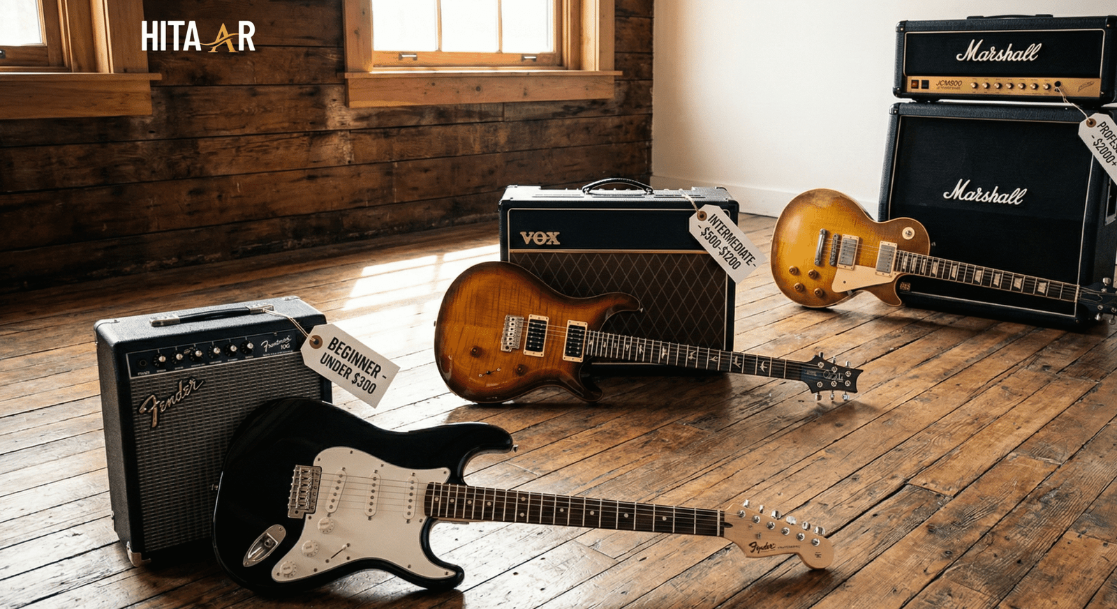 A modern electric guitar placed on a wooden surface with an amplifier in the background, representing different price ranges and guitar options for beginners and professional players.