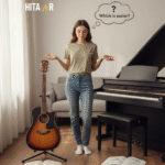 Guitar and piano placed side by side representing a beginner choosing which instrument is easier to learn.