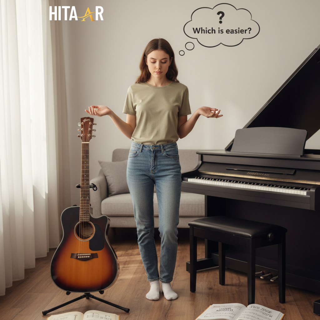 Guitar and piano placed side by side representing a beginner choosing which instrument is easier to learn.