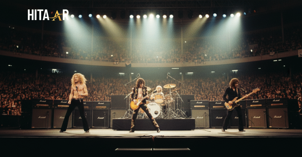 Jimmy Page playing his iconic Les Paul guitar on stage.