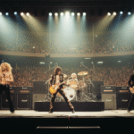 Jimmy Page playing his iconic Les Paul guitar on stage.