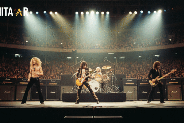 Jimmy Page playing his iconic Les Paul guitar on stage.