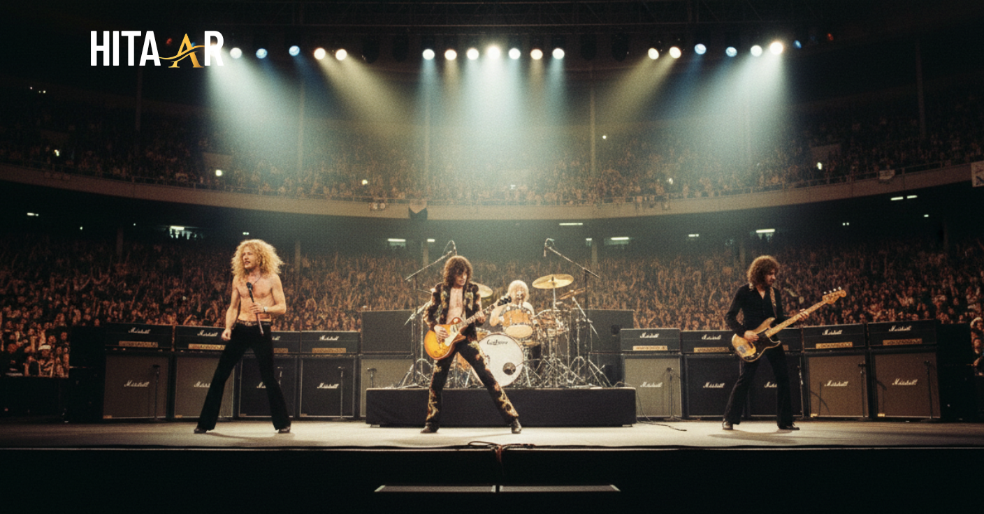 Jimmy Page playing his iconic Les Paul guitar on stage.