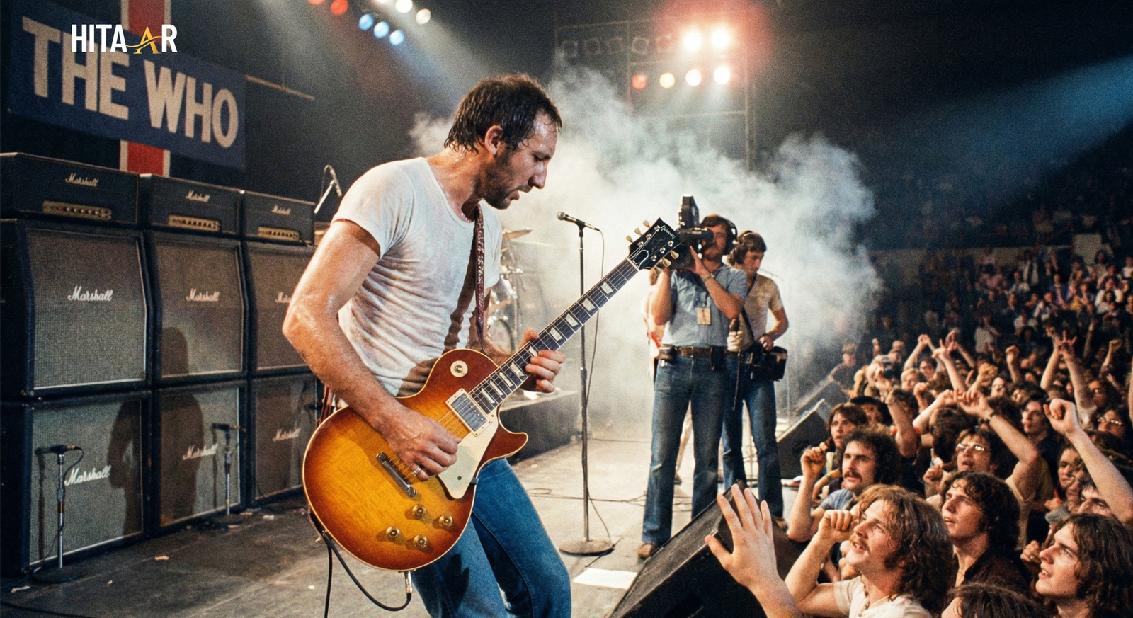 Live concert scene featuring a guitarist with a Les Paul guitar, capturing rock history in the making.