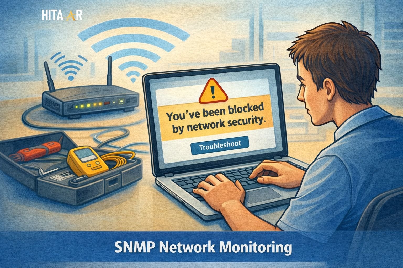 Student resolving a network block message on a laptop, with a router sending Wi-Fi signals and tools nearby for troubleshooting. 5.4.13 lab: secure a small wireless network