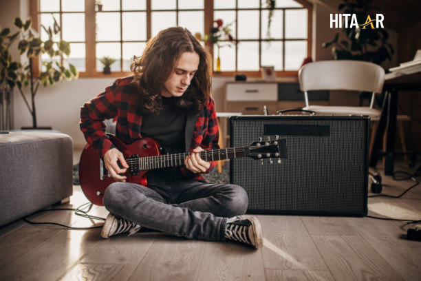 A new electric guitar next to a slightly worn used guitar illustrating the difference in condition and value.